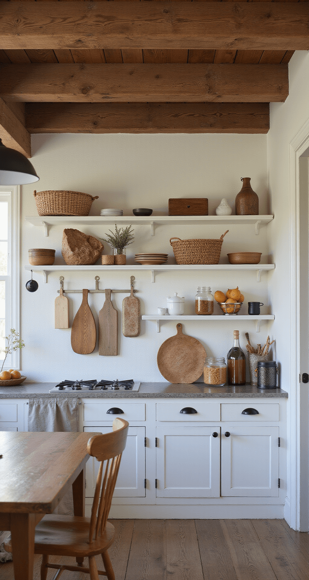 The Ultimate Guide to Styling the Space Above Kitchen Cabinets Farmhouse kitchen during blue hour, featuring white cabinets with vintage decor, natural and warm lighting, and rustic wooden beams.