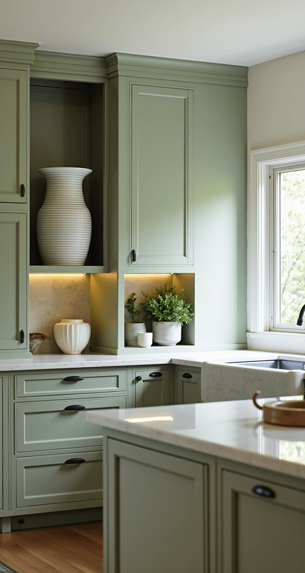The Ultimate Guide to Styling the Space Above Kitchen Cabinets Transitional kitchen featuring sage green cabinets, vintage and modern decor, oversized ceramic vessels, and under-cabinet lighting, captured in natural light at counter height.