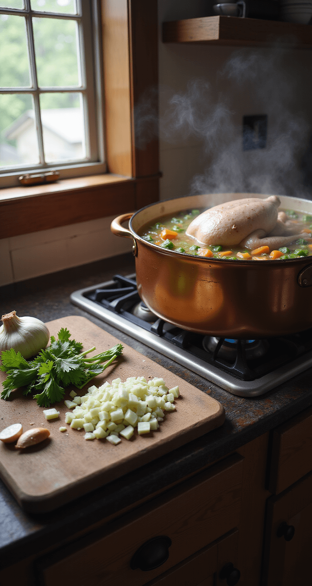 Chicken Bog: The Ultimate Southern One-Pot Comfort Meal A rustic kitchen bathed in warm light, featuring a copper Dutch oven on the stovetop with a simmering whole chicken in broth, surrounded by fresh diced onions, celery, and garlic on a wooden cutting board.