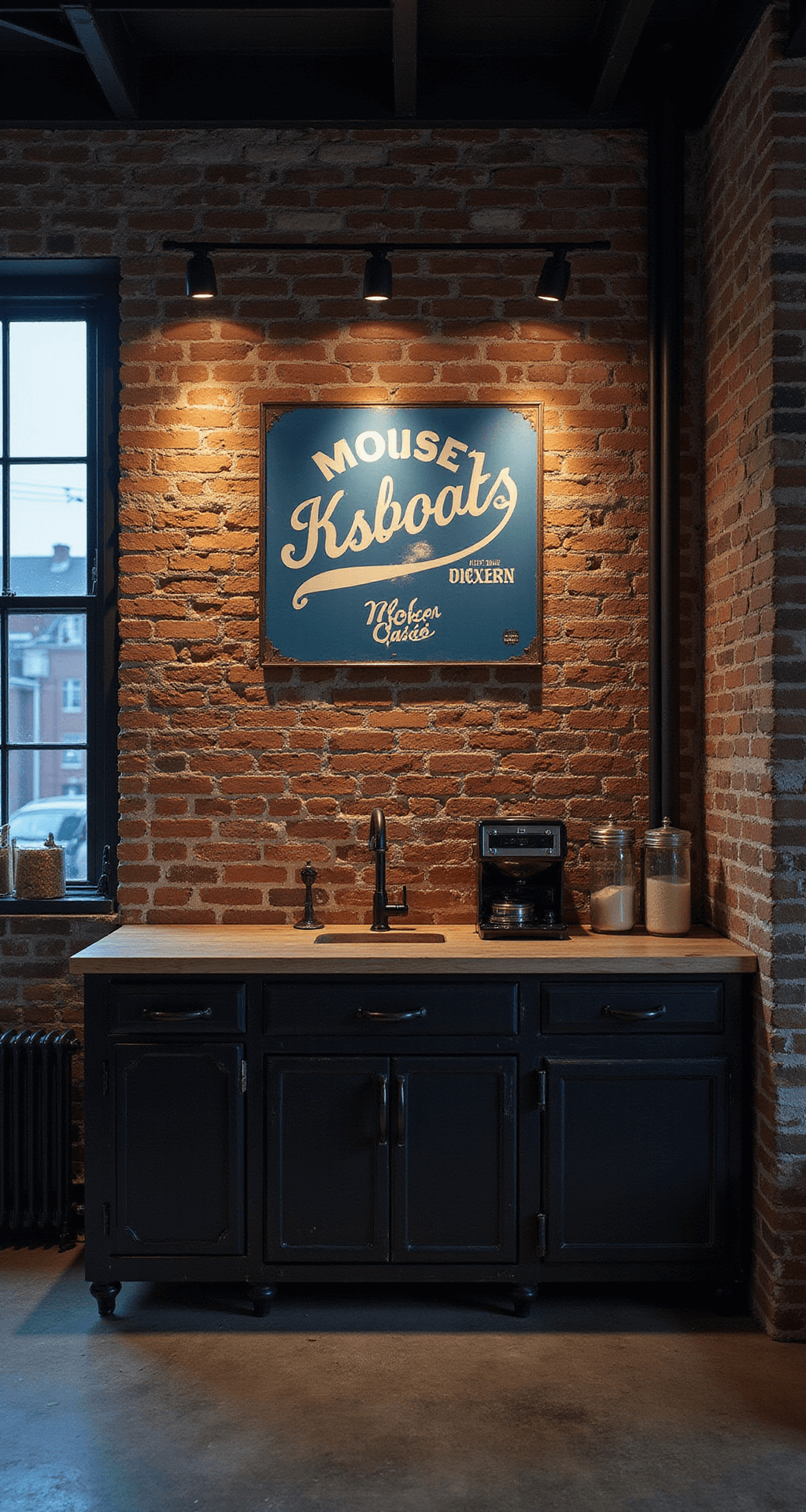 The Ultimate Guide to Styling the Space Above Kitchen Cabinets Industrial-style kitchen featuring black metal cabinets and an exposed brick wall, captured during blue hour with dramatic uplighting.