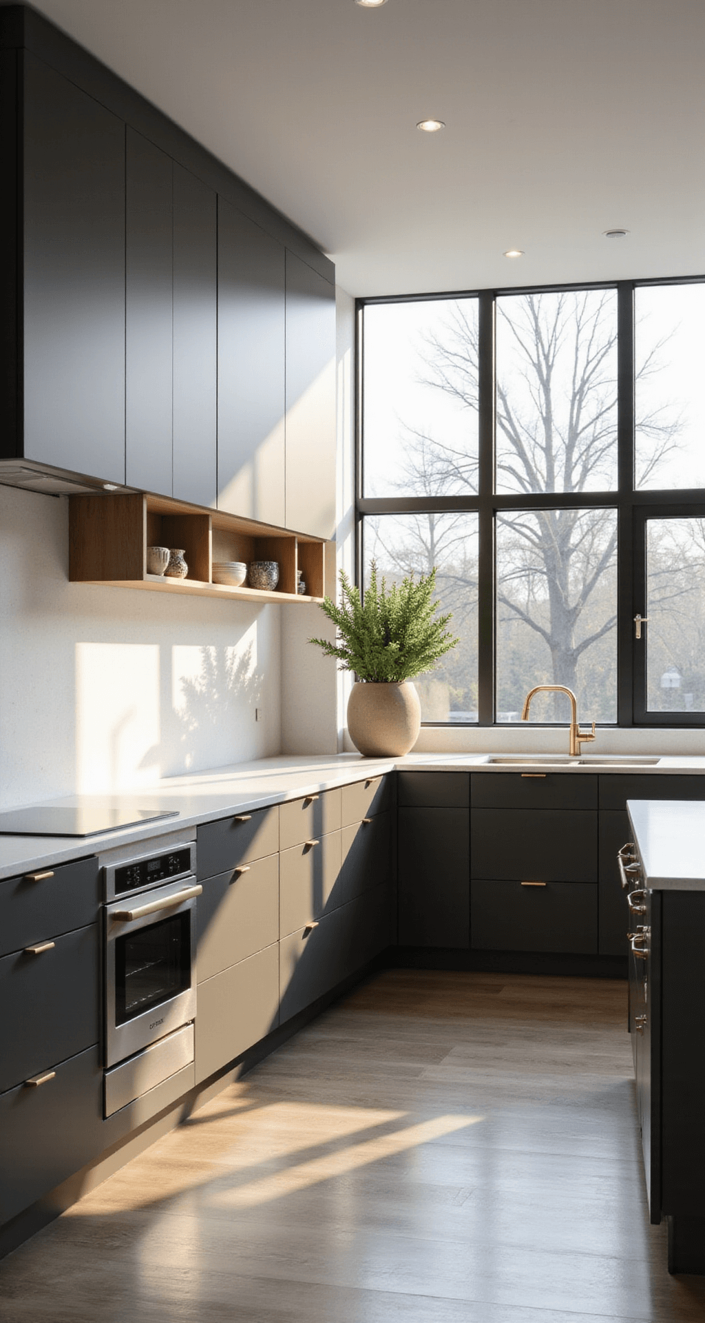 Modern Kitchen Cabinets: Transforming Your Culinary Space with Sleek Design A modern kitchen measuring 12x15ft, featuring floor-to-ceiling windows that let in golden morning light. It showcases matte charcoal gray flat-panel cabinets with invisible push mechanisms, a white quartz waterfall island, and stainless steel appliances. Minimal brass hardware accents enhance the design, which includes minimalist ceramics and a large architectural plant. The shot is taken from a corner at eye level with soft diffused lighting emphasizing the smooth surfaces and clean lines.