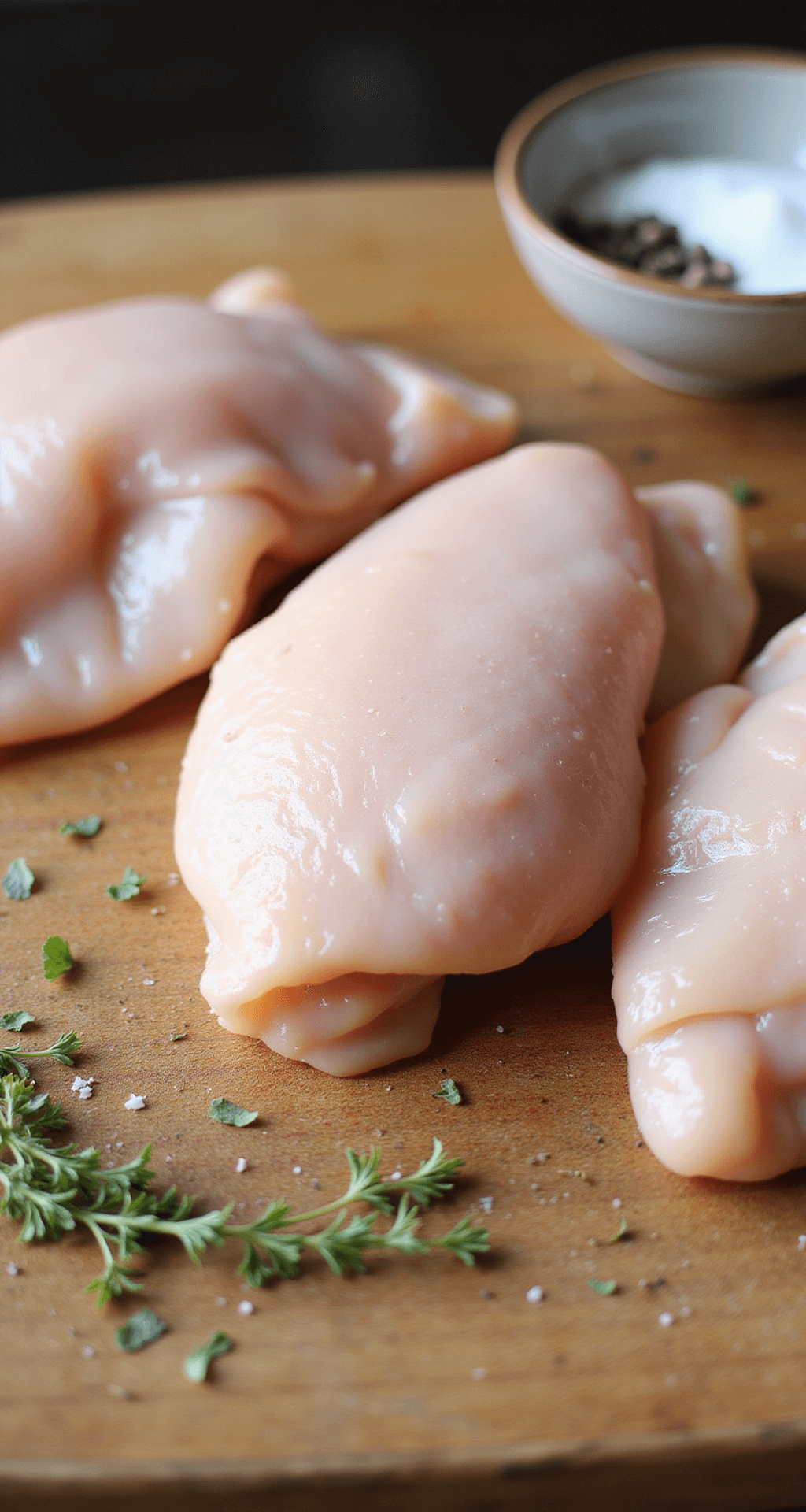CHICKEN SUPREME: THE ULTIMATE CREAMY FRENCH-STYLE CHICKEN DINNER Close-up of raw chicken breasts on a wooden cutting board, with fresh thyme and a bowl of sea salt and cracked black pepper, illuminated by soft natural light.