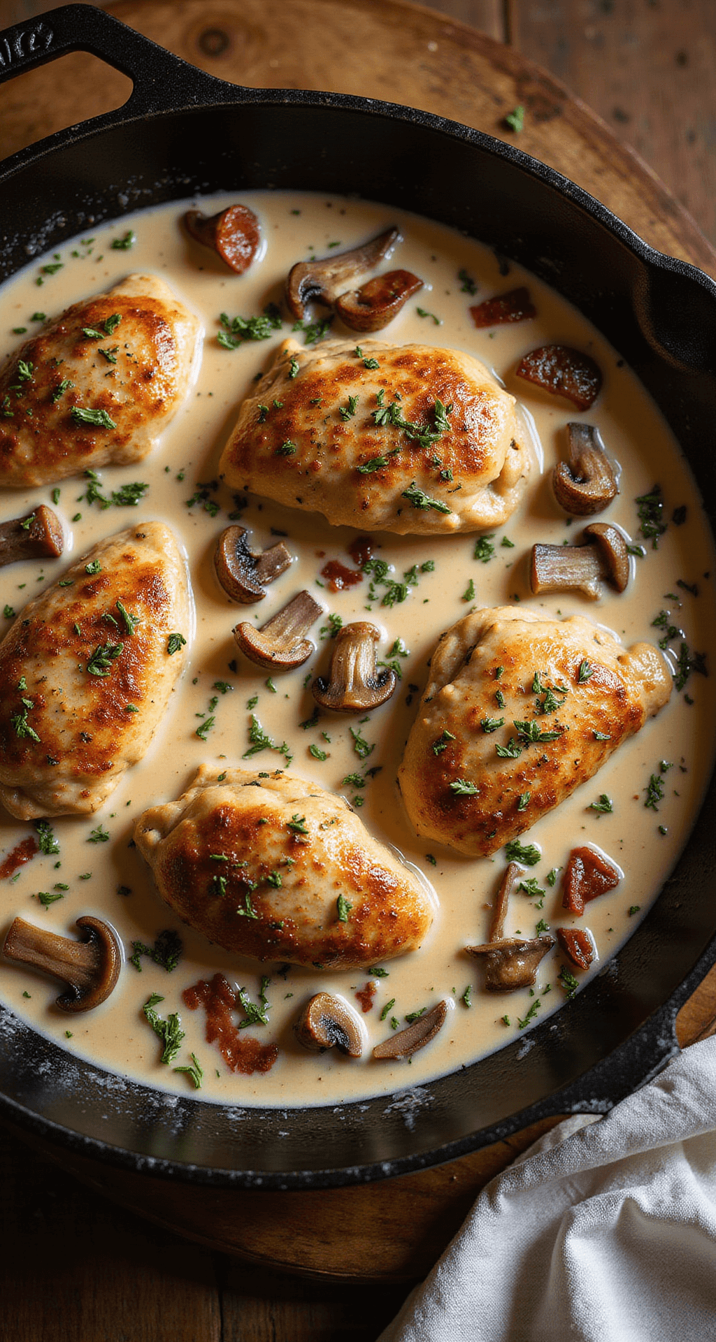 CHICKEN SUPREME: THE ULTIMATE CREAMY FRENCH-STYLE CHICKEN DINNER Overhead shot of a cast-iron skillet with golden-brown chicken breasts in creamy sauce, garnished with caramelized mushrooms, crispy pancetta, and fresh thyme, with steam rising in warm kitchen lighting.