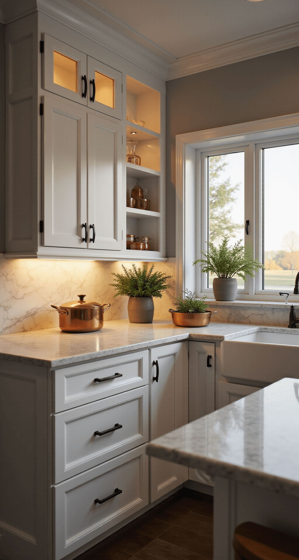 Modern Kitchen Cabinets: Transforming Your Culinary Space with Sleek Design Intimate view of a modern-shaker kitchen corner featuring white shaker cabinets with matte black pulls, a marble backsplash, warm under-cabinet lighting, and styled with copper cookware and herbs in concrete planters, captured at golden hour with emphasis on cabinet profiles and drawer details.