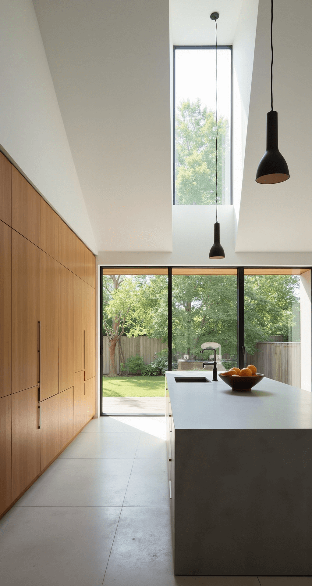 Modern Kitchen Cabinets: Transforming Your Culinary Space with Sleek Design Bright airy kitchen featuring 14ft vaulted ceilings, warm wood-toned floor-to-ceiling cabinets, a massive concrete gray island with integrated sink, and natural light from clerestory windows. The design highlights vertical lines and minimal styling with a geometric fruit bowl and architectural lighting fixtures.