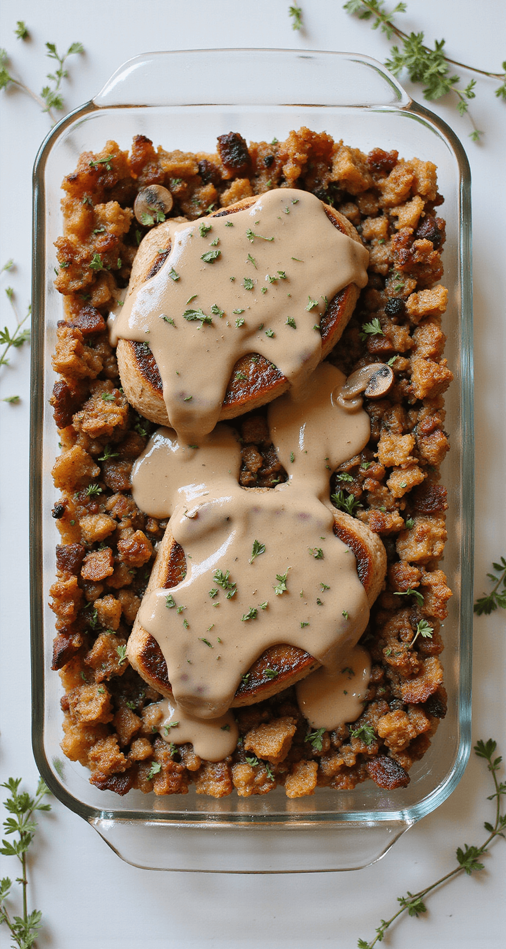 Pork Chop and Stuffing Casserole: The Ultimate Comfort Food Dinner Overhead view of a 9x13 glass baking dish with layered stuffing, seared pork chops, and creamy mushroom sauce, enhanced by soft natural lighting and garnished with fresh herbs.
