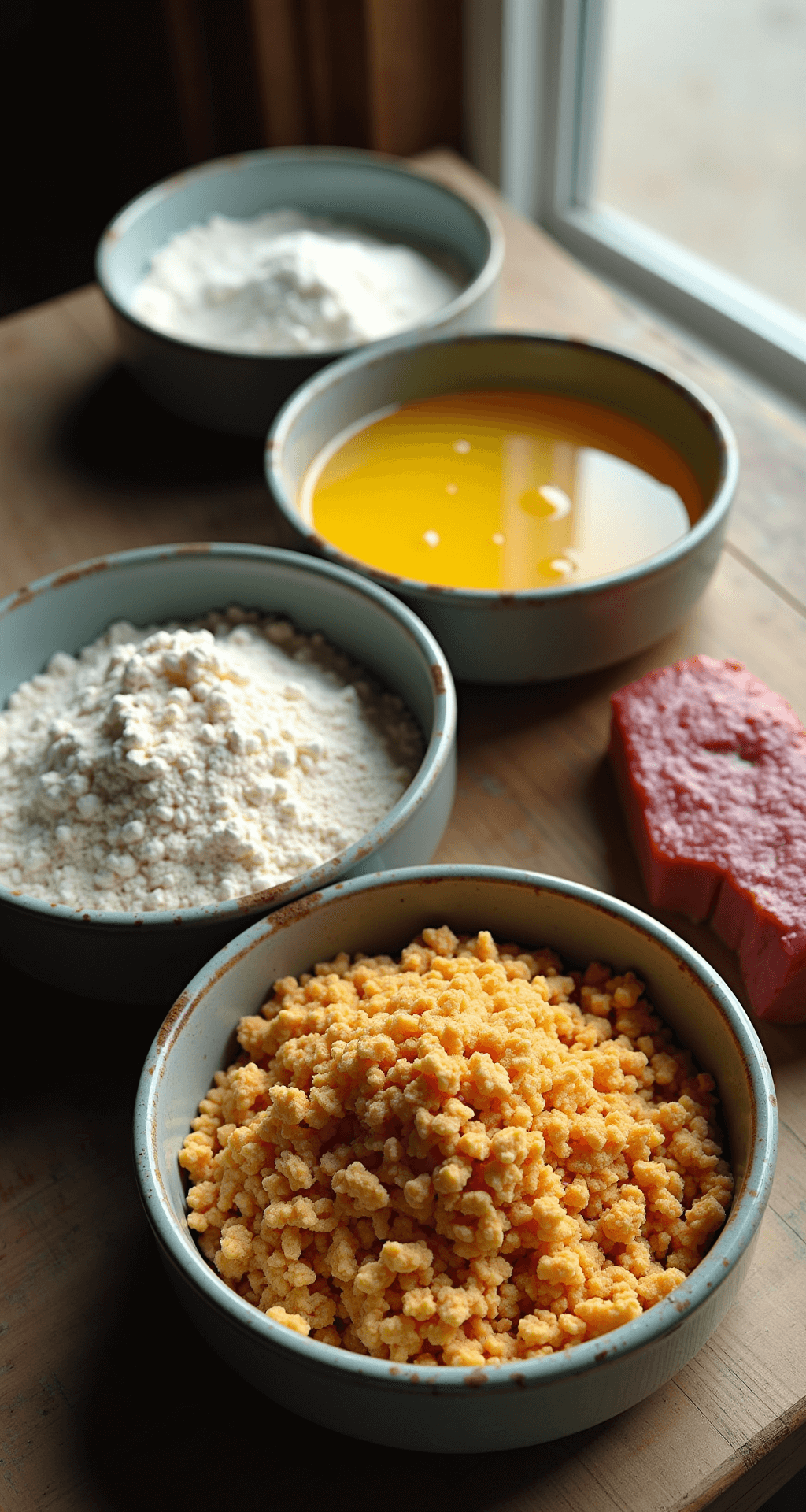 CHICKEN FRIED STEAK FINGERS Close-up of three rustic ceramic bowls with seasoned flour, glossy whisked eggs, and crushed saltine crackers on a weathered wooden countertop, with a seasoned cube steak nearby, all illuminated by soft natural light.