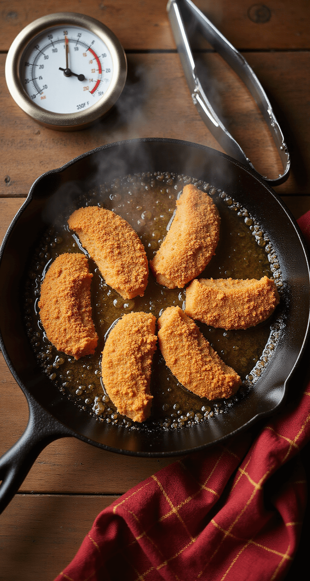 CHICKEN FRIED STEAK FINGERS Overhead view of a cast iron skillet with bubbling golden oil and breaded steak fingers frying to a perfect golden-brown, with steam rising, a cooking thermometer, and tongs on a red checkered cloth in warm kitchen lighting.