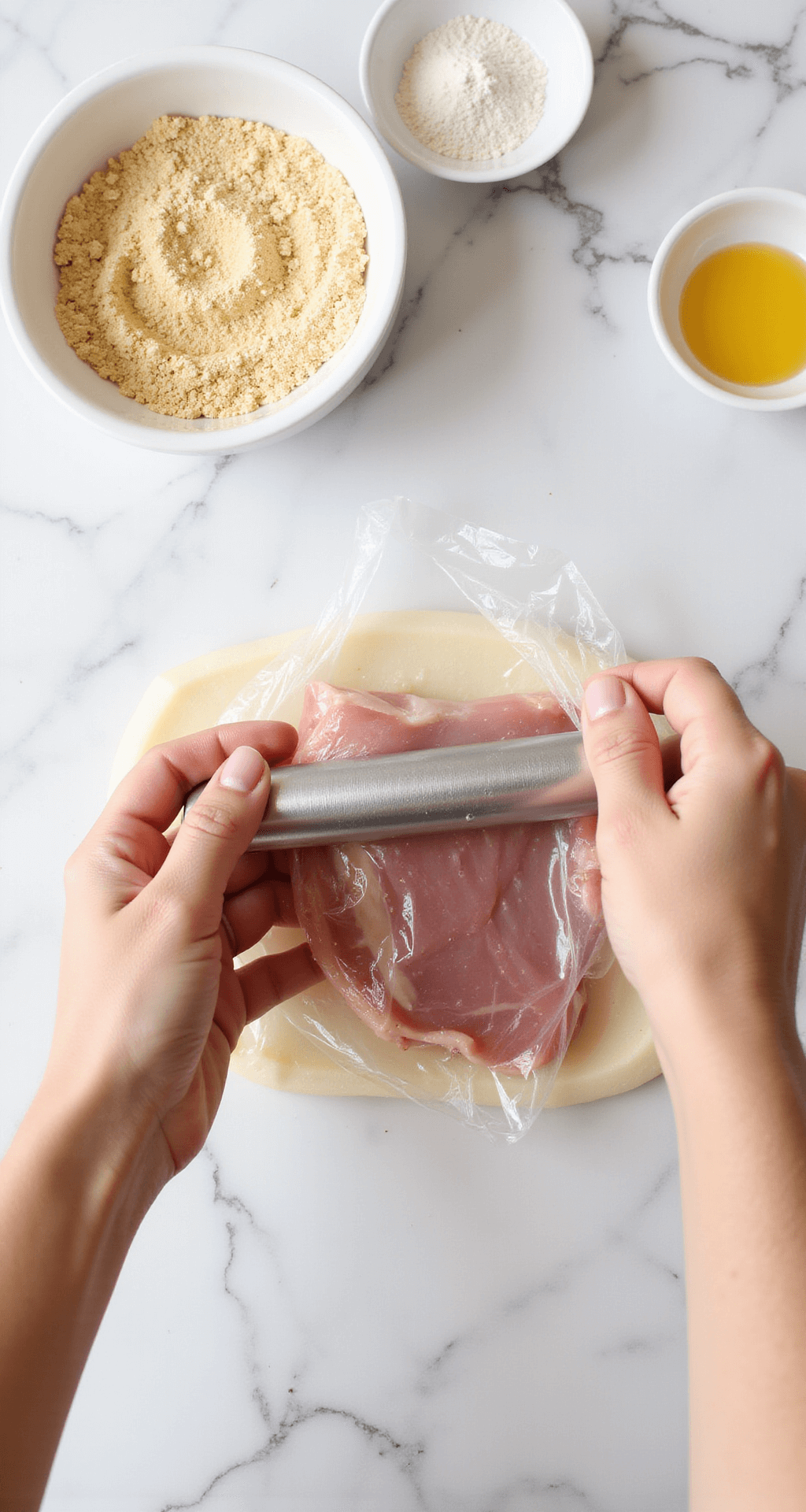 Crispy Fried Pork Tenderloin Sandwich: Midwest's Ultimate Comfort Food Close-up of hands using a silver meat mallet to pound a pink pork tenderloin between plastic wrap on a marble countertop, with three organized breading stations of flour, whisked eggs, and crushed saltine crackers in the background.