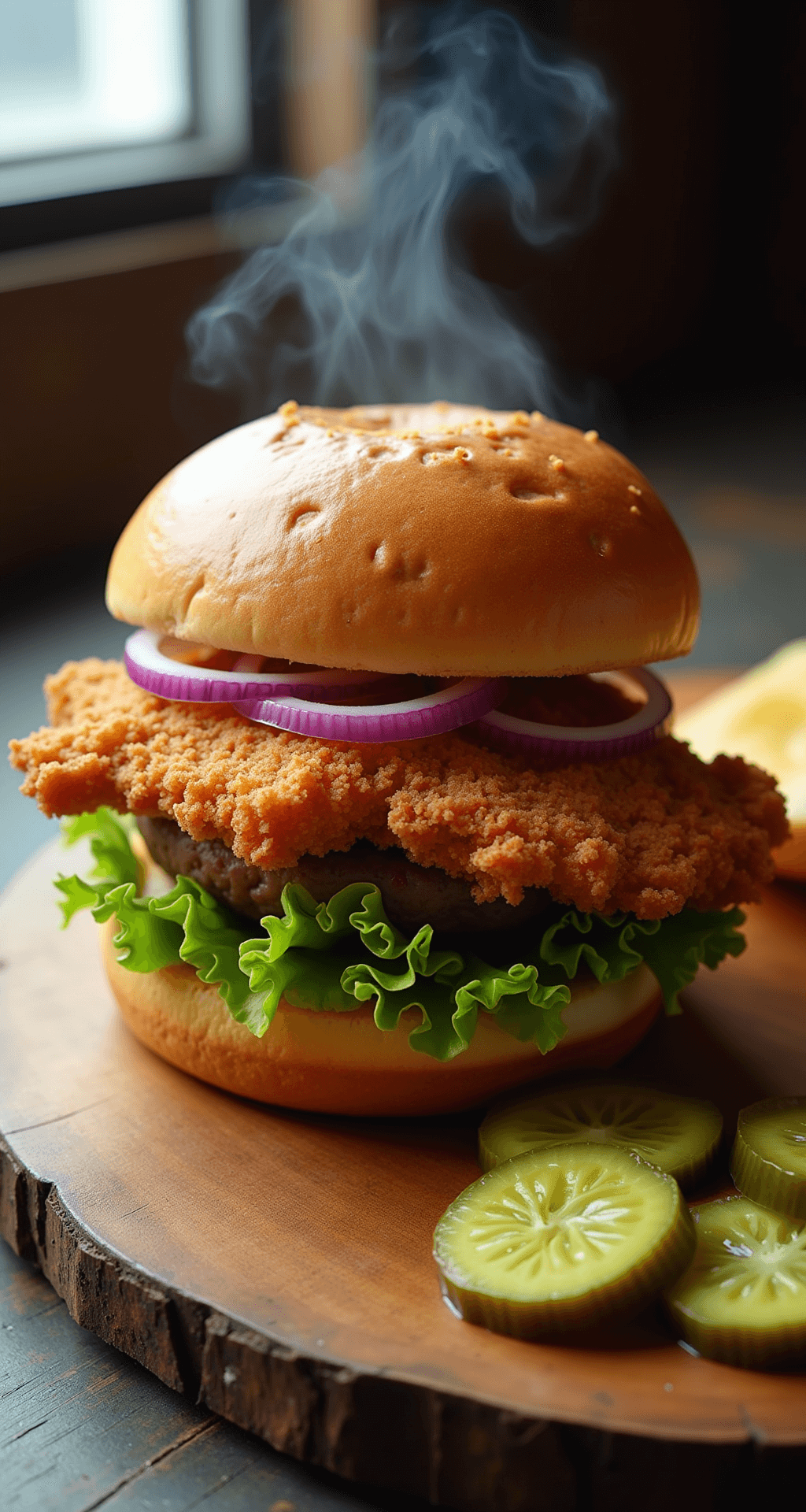 Crispy Fried Pork Tenderloin Sandwich: Midwest's Ultimate Comfort Food An overhead view of an extra-large crispy pork tenderloin sandwich on a toasted brioche bun, surrounded by lettuce, red onions, and dill pickles, with natural light highlighting the textured breading and steam rising from the meat.