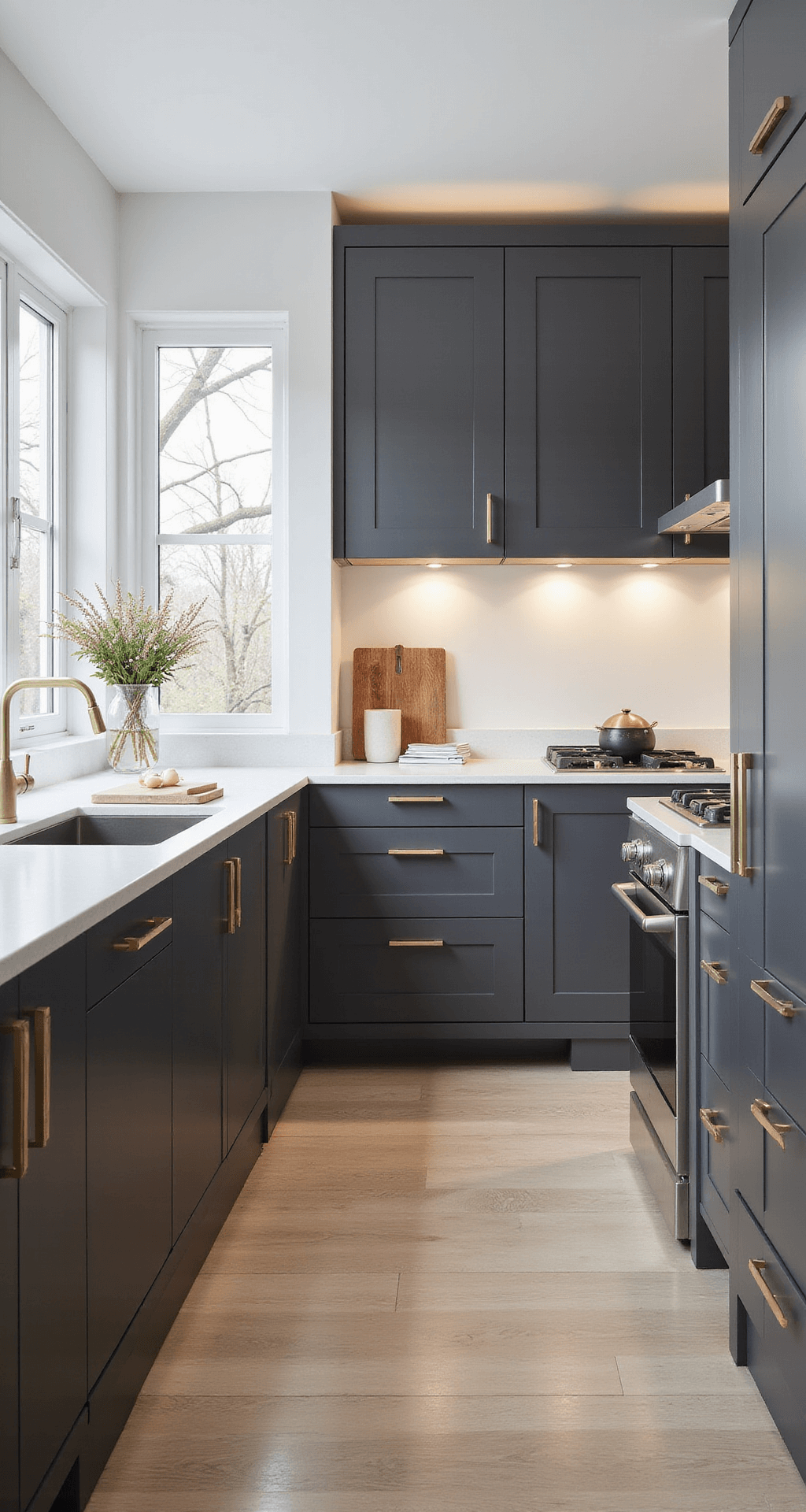 The Ultimate Guide to Kitchen Cabinets: Transform Your Cooking Space A contemporary kitchen featuring matte charcoal gray frameless cabinets, white quartz countertops, and a center island with brushed gold hardware, illuminated by morning sunlight through floor-to-ceiling windows.