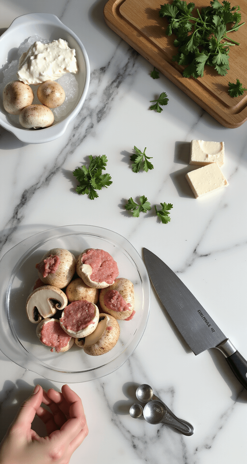 Creamy Crab Stuffed Mushrooms: The Ultimate Party Appetizer Overhead view of a pristine kitchen countertop featuring organized mise en place with fresh whole mushrooms, lump crab meat on ice, a block of cream cheese, scattered fresh parsley leaves, and measuring tools, illuminated by natural sunlight with soft shadows on the marble surface; a professional chef's knife lies beside a wooden cutting board.