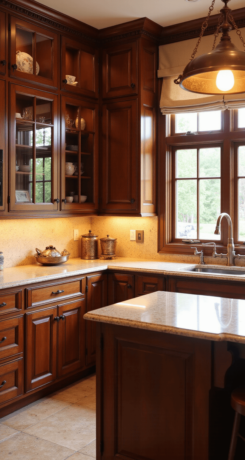 The Ultimate Guide to Kitchen Cabinets: Transform Your Cooking Space Intimate traditional kitchen featuring raised-panel cherry wood cabinets in mahogany finish, cream granite countertops with burgundy veining, and a central island with a copper pot rack, illuminated by warm golden hour light and accent lighting.