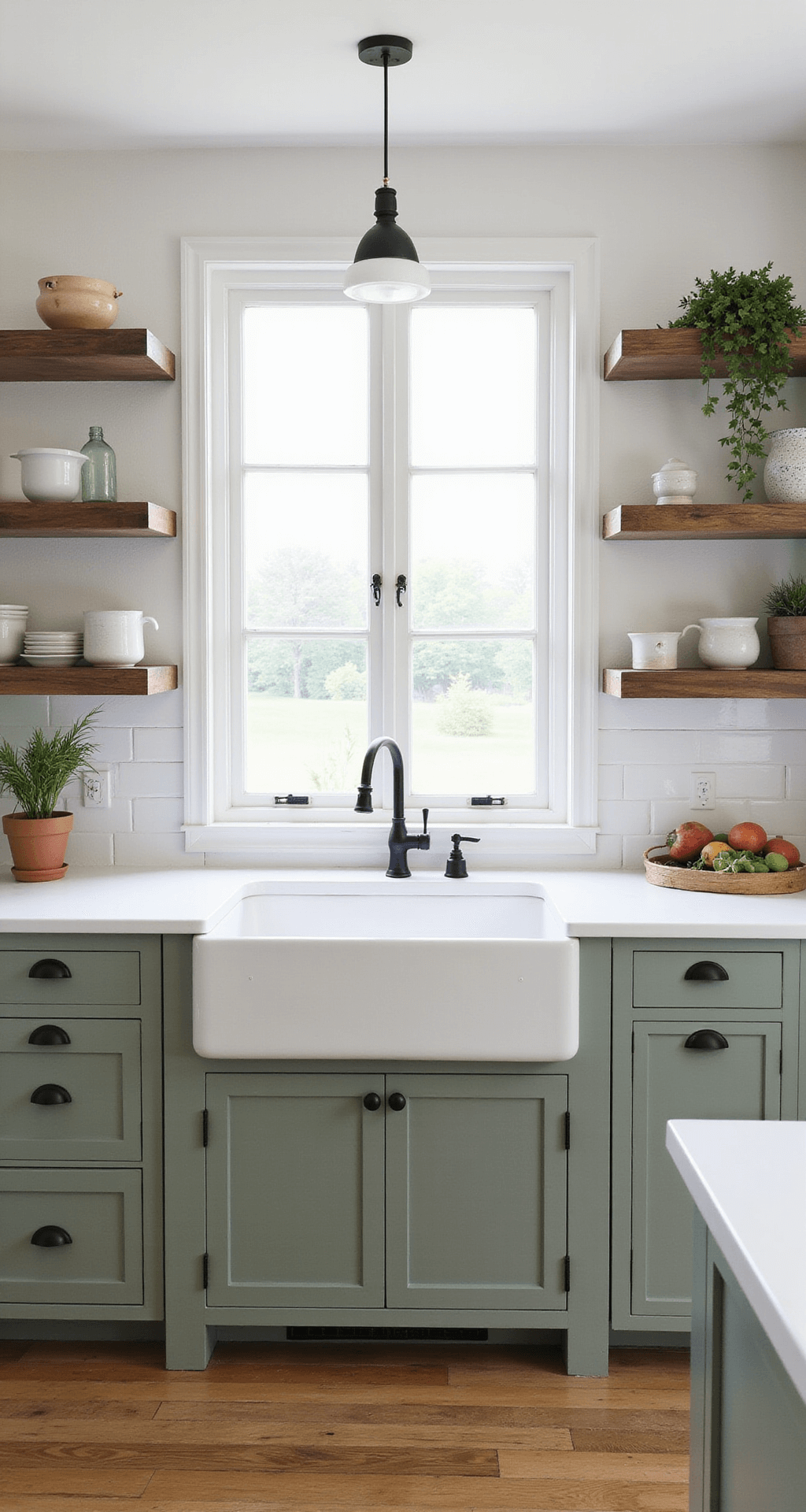 The Ultimate Guide to Kitchen Cabinets: Transform Your Cooking Space A modern farmhouse kitchen featuring white shaker cabinets with black matte hardware, a sage green island, double-height windows, open shelving with artisanal pottery, a wide farmhouse sink, and reclaimed barn wood shelves, all captured from an elevated position in soft box lighting.