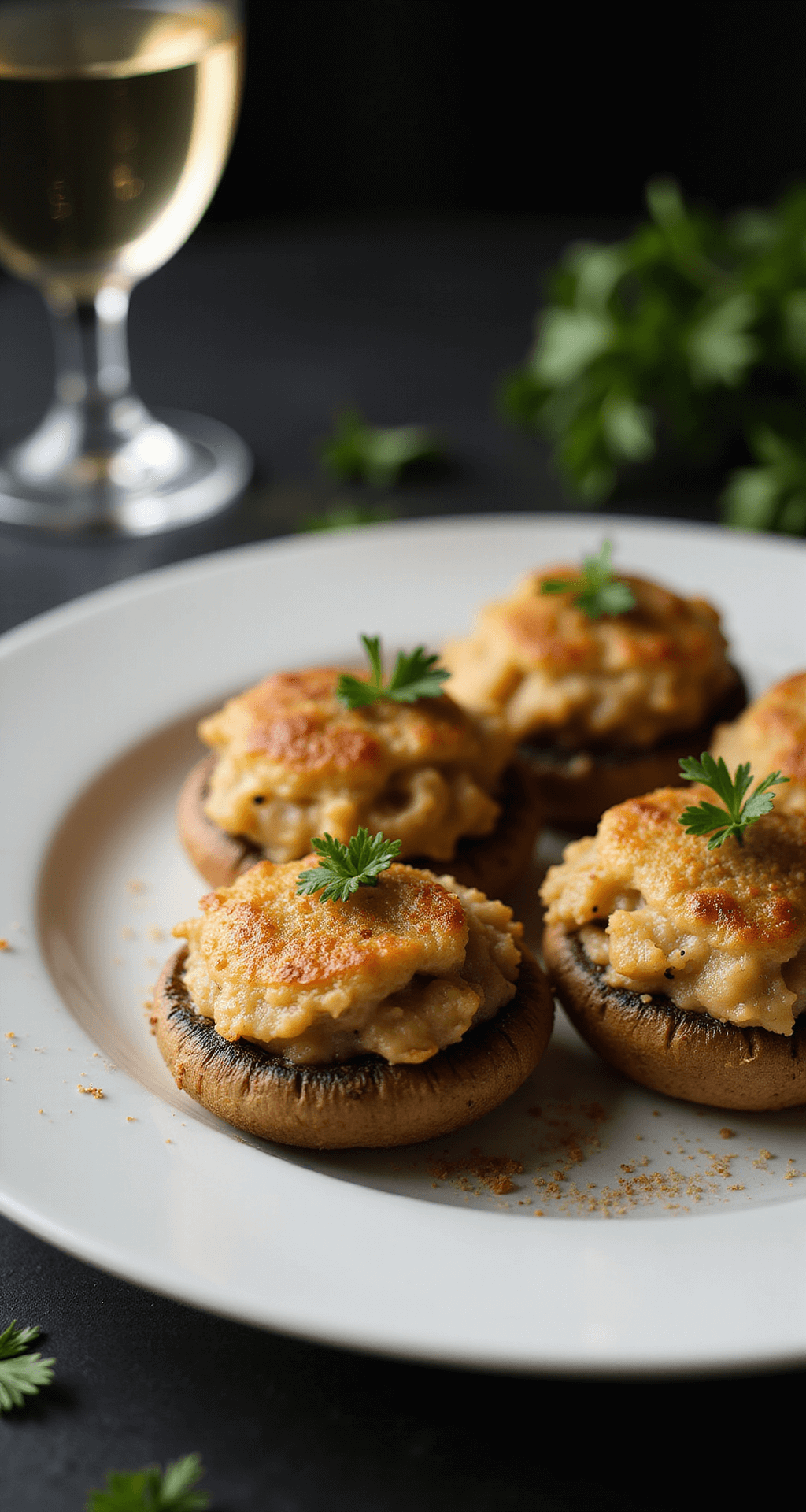 Creamy Crab Stuffed Mushrooms: The Ultimate Party Appetizer Close-up of golden-brown stuffed mushrooms on a white ceramic platter, garnished with parsley, with steam rising and dramatic side lighting highlighting the parmesan crust; a blurred crystal wine glass with white wine in the background.