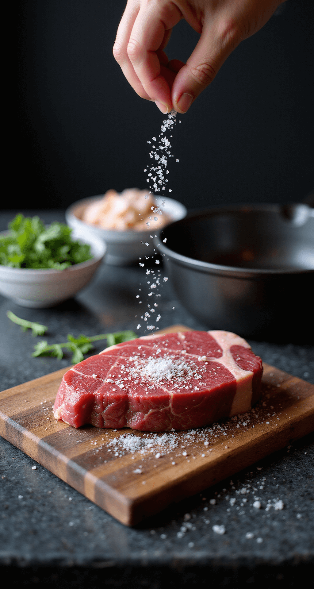 STEAK OSCAR: THE ULTIMATE SURF AND TURF LUXURY DISH Close-up of a marbled filet mignon being seasoned with sea salt on a granite countertop, natural light highlighting fresh tarragon and crab meat in the background, with a polished cast iron skillet out of focus.
