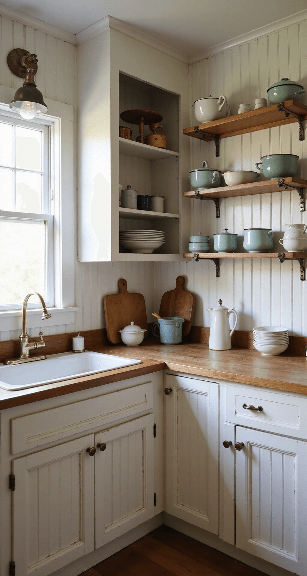 The Ultimate Guide to Kitchen Cabinets: Transform Your Cooking Space Cozy cottage kitchen with distressed white cabinets, vintage enamelware, butcher block countertops, and aged brass hardware, illuminated by morning light and a vintage pendant lamp, capturing nostalgic charm.