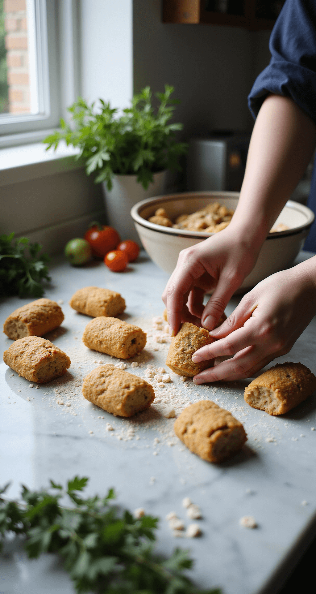 TURKEY CROQUETTES: TRANSFORM HOLIDAY LEFTOVERS INTO CRISPY MAGIC Close-up of hands shaping golden-brown turkey mixture into cylindrical croquettes on a marble countertop, with breadcrumbs, flour, fresh herbs, and diced vegetables in the scene, illuminated by soft natural light.