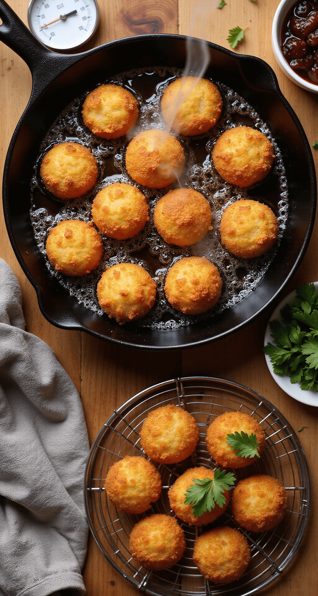 TURKEY CROQUETTES: TRANSFORM HOLIDAY LEFTOVERS INTO CRISPY MAGIC Dynamic overhead shot of sizzling golden-brown croquettes frying in a cast-iron skillet, surrounded by oil bubbles and rising steam, with a thermometer and a wire rack of finished, garnished croquettes with cranberry sauce nearby.