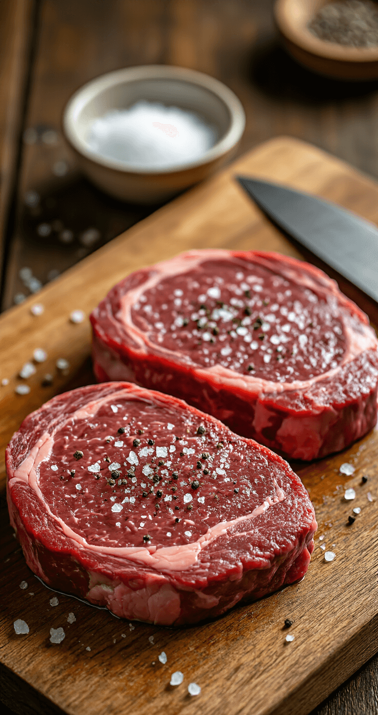 QUICK STEAK PERFECTION: A BUTCHER'S CUT MASTERPIECE Close-up of two marbled Denver steaks on a wooden cutting board, seasoned with kosher salt and cracked black pepper, with warm lighting enhancing the meat texture, alongside a chef's knife and a bowl of seasoning.