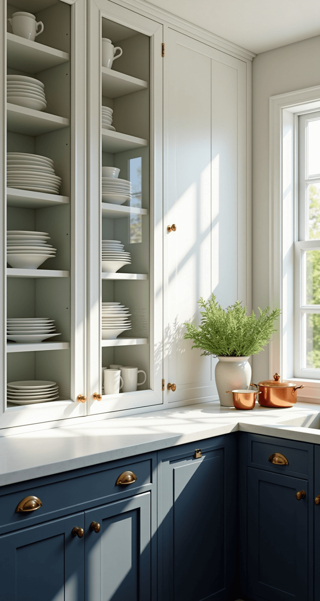 Glass Kitchen Cabinets: Transforming Your Kitchen with Elegance and Style Interior of a sunlit modern kitchen featuring large windows, clear glass cabinets displaying white porcelain dishware, polished quartz countertops, matte navy cabinets with brass hardware, and stylish accents of copper cookware and fresh herbs.