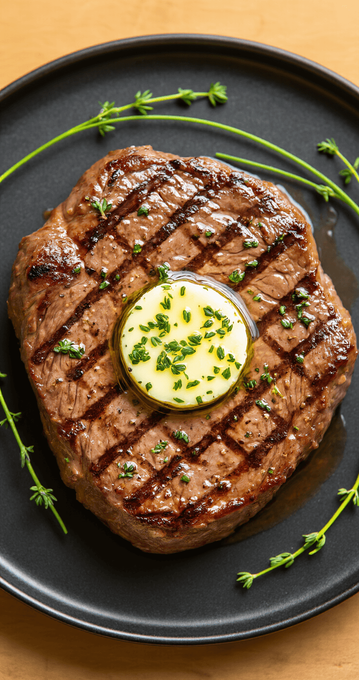 QUICK STEAK PERFECTION: A BUTCHER'S CUT MASTERPIECE Overhead view of a perfectly seared Denver steak with cross-hatch grill marks, topped with melting herb-flecked butter on a matte black plate, garnished with thyme and chives, illuminated by golden evening light with steam rising from the medium-rare meat.