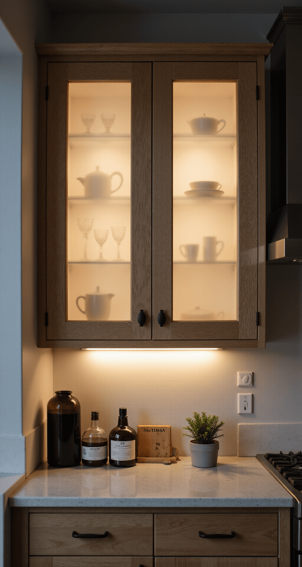 Glass Kitchen Cabinets: Transforming Your Kitchen with Elegance and Style Intimate kitchen scene featuring frosted glass upper cabinets illuminated by warm LED lighting, showcasing silhouettes of glassware. Textured white oak lower cabinets contrast against cool grey walls, captured with a shallow depth of field.