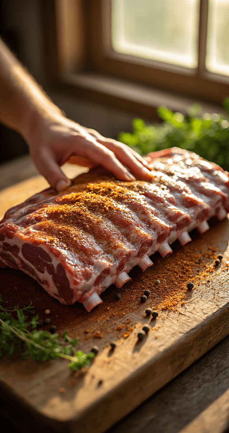 Chicken Fried Ribs: The Ultimate Crispy Southern Comfort Dish Close-up of raw pork spare ribs being massaged with a rustic spice rub on a wooden cutting board, illuminated by golden afternoon light, with fresh herbs and whole spices scattered around.
