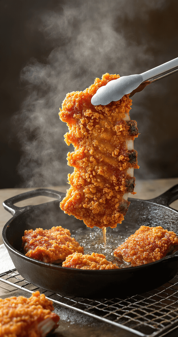 Chicken Fried Ribs: The Ultimate Crispy Southern Comfort Dish Dramatic shot of golden-brown chicken-fried ribs being lifted from sizzling oil, showcasing intricate crispy texture, with steam rising in a backlit scene; a wire rack with finished pieces nearby highlights the contrast of crunchy exterior and tender meat.