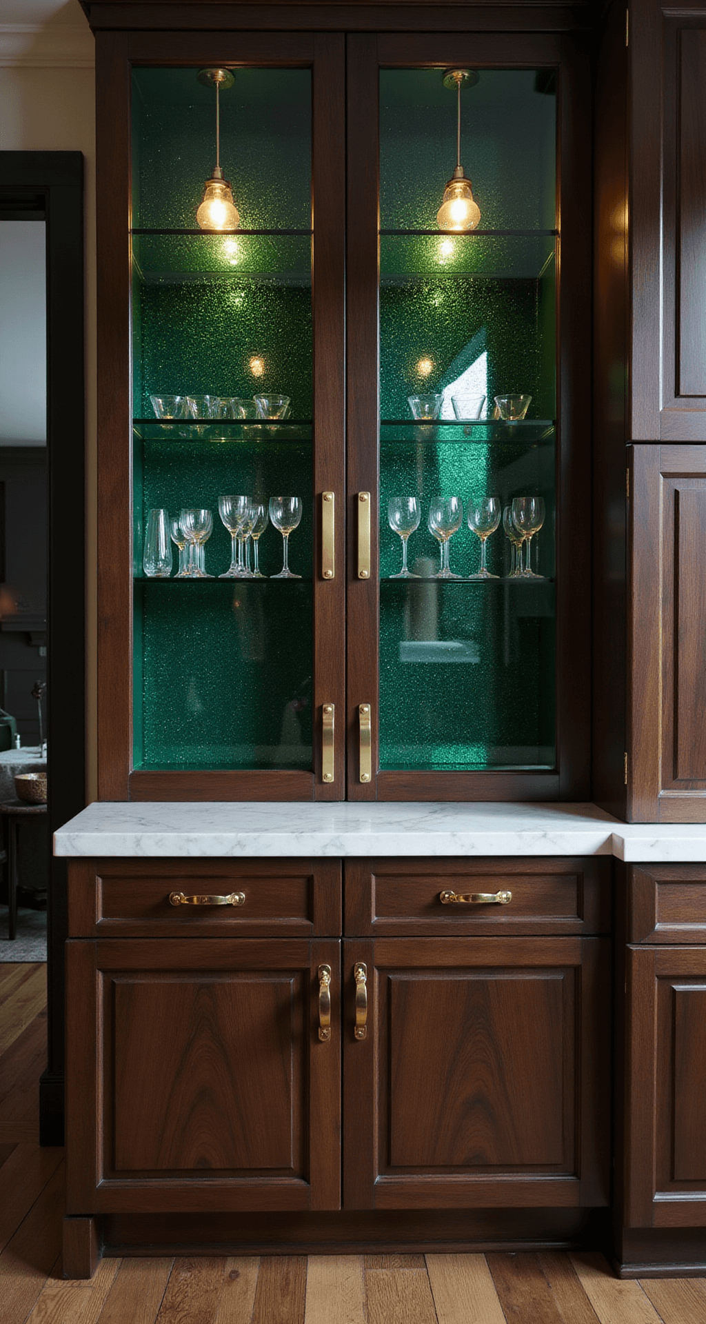 Glass Kitchen Cabinets: Transforming Your Kitchen with Elegance and Style Dramatic evening view of a luxury kitchen featuring deep emerald glass cabinets, dark walnut cabinetry, gold hardware, and white marble countertops, illuminated by overhead pendant lights that reflect in crystal stemware, creating a moody atmosphere with a dreamy bokeh effect.