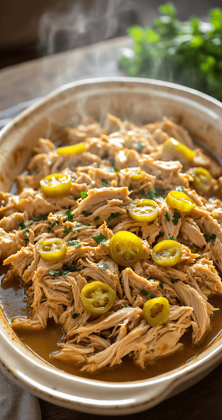 MISSISSIPPI CHICKEN: THE ULTIMATE COMFORT FOOD RECIPE Close-up of shredded Mississippi Chicken in a rustic dish with steam, rich butter sauce, golden pepperoncini peppers, and fresh herbs, set against a softly blurred cozy kitchen background.