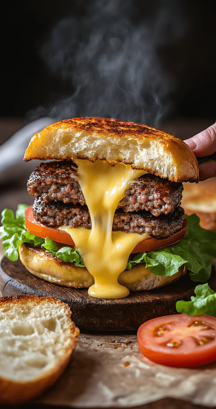 Juicy Lucy Burger: The Ultimate Molten Cheese Burger Experience A perfectly seared Juicy Lucy burger being pulled apart, revealing molten cheese flowing from its center, set on a rustic wooden board with a deep mahogany crust, surrounded by a toasted brioche bun, fresh lettuce, and ripe tomato slices, all enhanced by dramatic side lighting and rising steam.