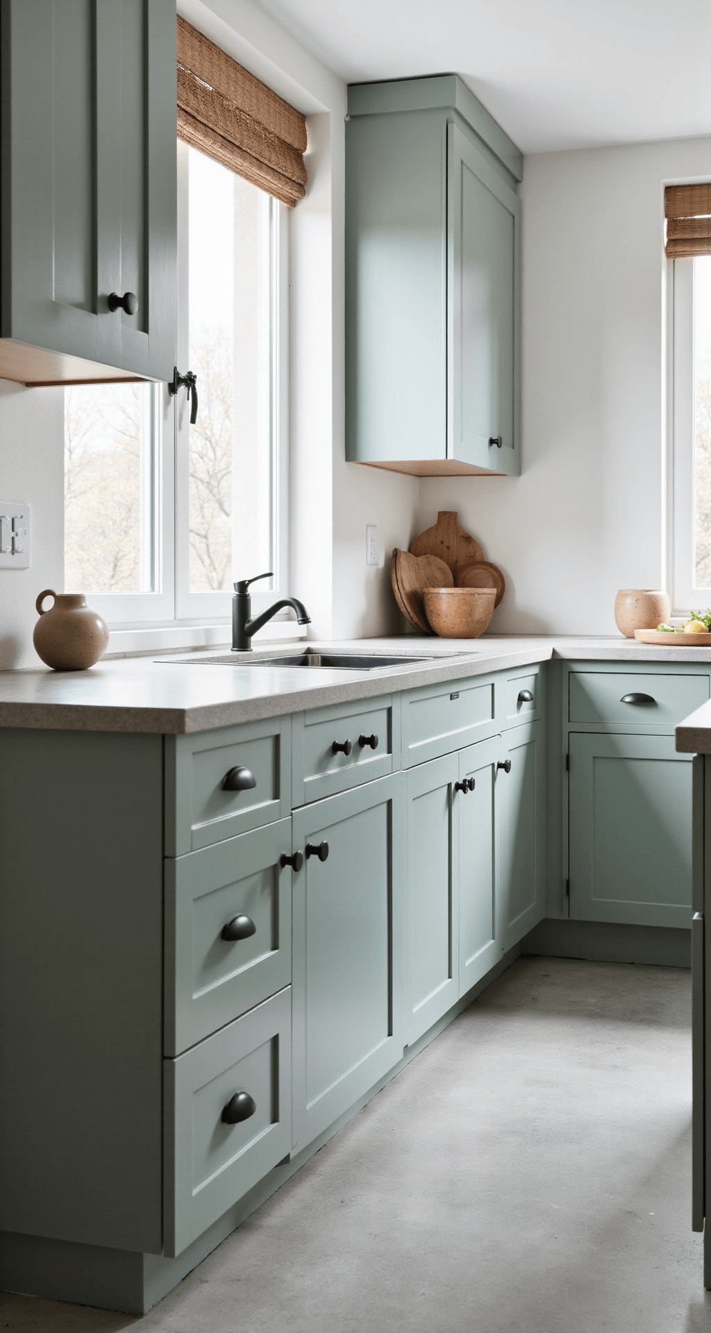 Sage Kitchen Cabinets: Your Ultimate Style Guide to Serene Sophistication Modern Scandinavian kitchen featuring sage flat-panel cabinets with matte black hardware, concrete countertops, and light gray porcelain floors, illuminated by soft afternoon light filtering through minimalist window treatments.