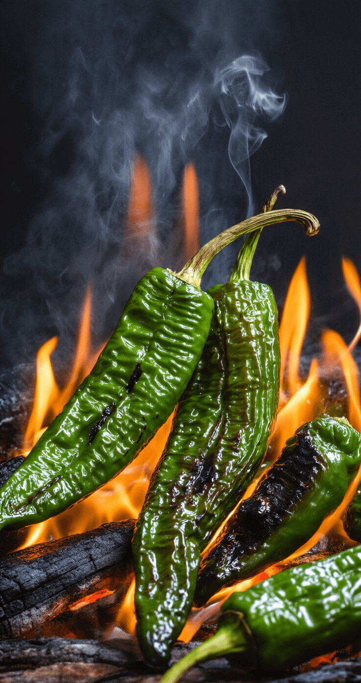 New Mexico Green Chile Stew: A Soulful Southwestern Comfort Classic Close-up of vibrant green Hatch chiles charring under a broiler, with blistering blackened skins and golden flames, illuminated dramatically against a dark background with curling wisps of smoke.