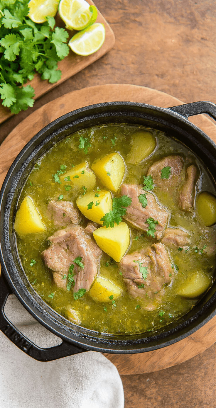 New Mexico Green Chile Stew: A Soulful Southwestern Comfort Classic Overhead view of a rustic cast iron Dutch oven filled with emerald-green simmering pork stew, featuring tender pork chunks and golden potato cubes, with steam rising and fresh cilantro and lime wedges nearby.