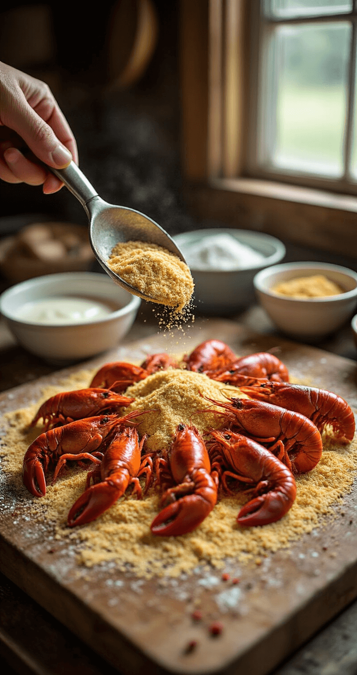 Crispy Crawfish Po' Boy: Louisiana's Ultimate Seafood Sandwich Close-up of fresh crawfish tails being dredged in golden cornmeal, surrounded by scattered Cajun spices on a rustic wooden cutting board, with soft natural light and various prep bowls in the background.