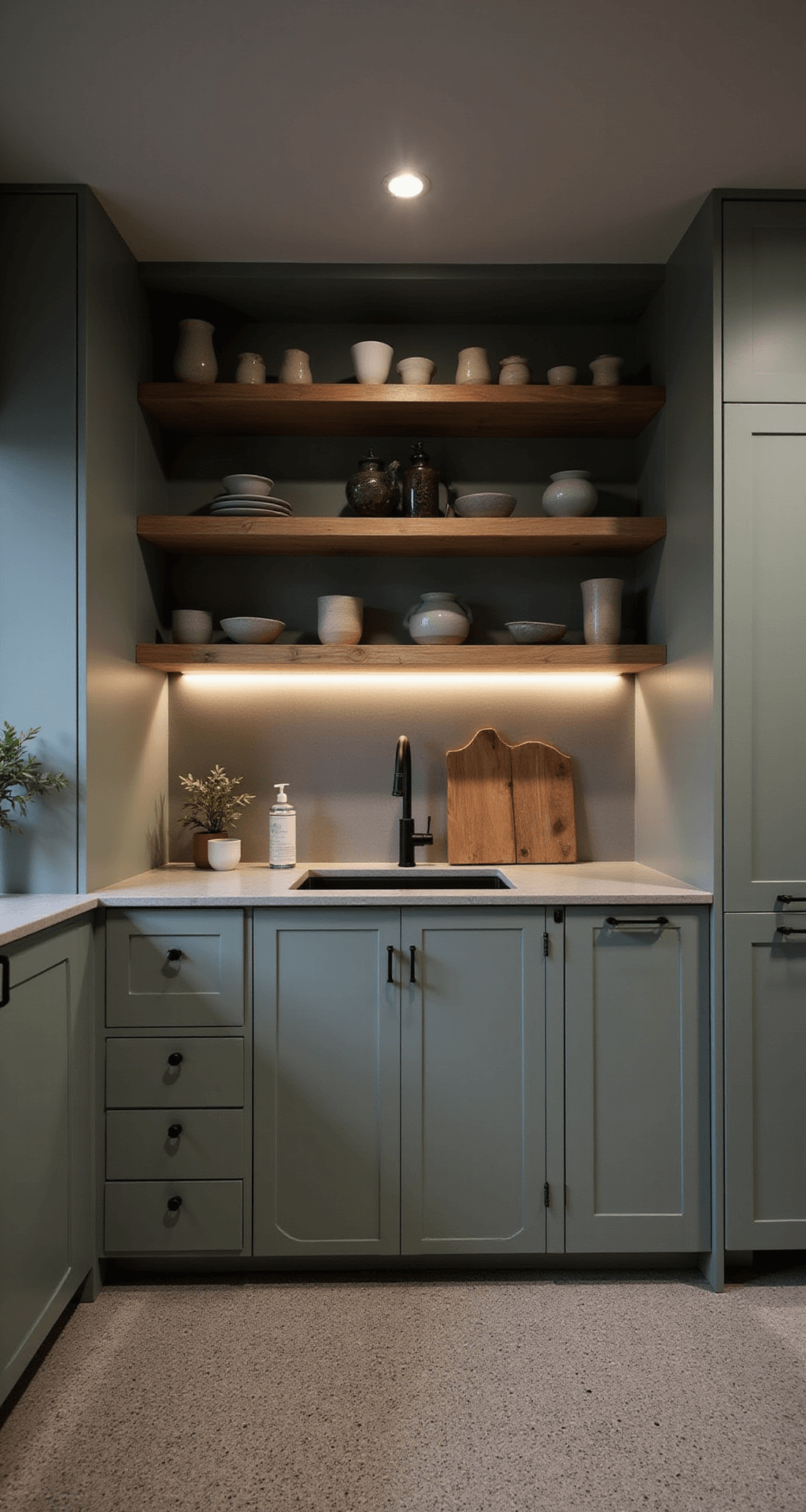 Sage Kitchen Cabinets: Your Ultimate Style Guide to Serene Sophistication An intimate modern organic kitchen featuring sage flat-panel cabinets, moody evening lighting, under-cabinet LEDs illuminating soapstone countertops, live-edge floating shelves with pottery, and terrazzo flooring, captured in a low-angle shot emphasizing vertical lines and dramatic shadows.