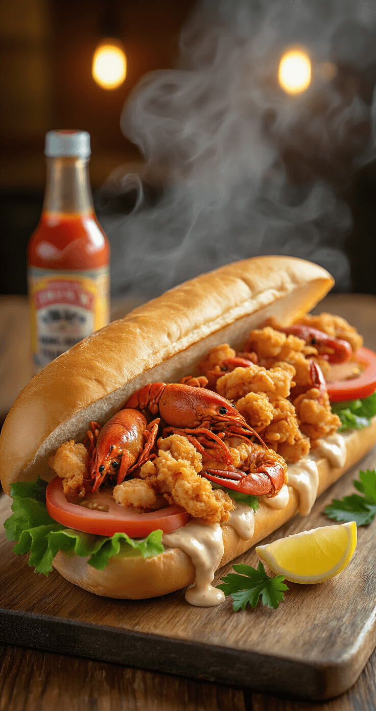 Crispy Crawfish Po' Boy: Louisiana's Ultimate Seafood Sandwich Dramatic Po' Boy sandwich on a weathered wooden board, featuring golden-brown fried crawfish, crisp lettuce, and vibrant tomato slices. Creamy remoulade drips down the sides, garnished with parsley and lemon, with a bottle of Louisiana hot sauce blurred in the background.