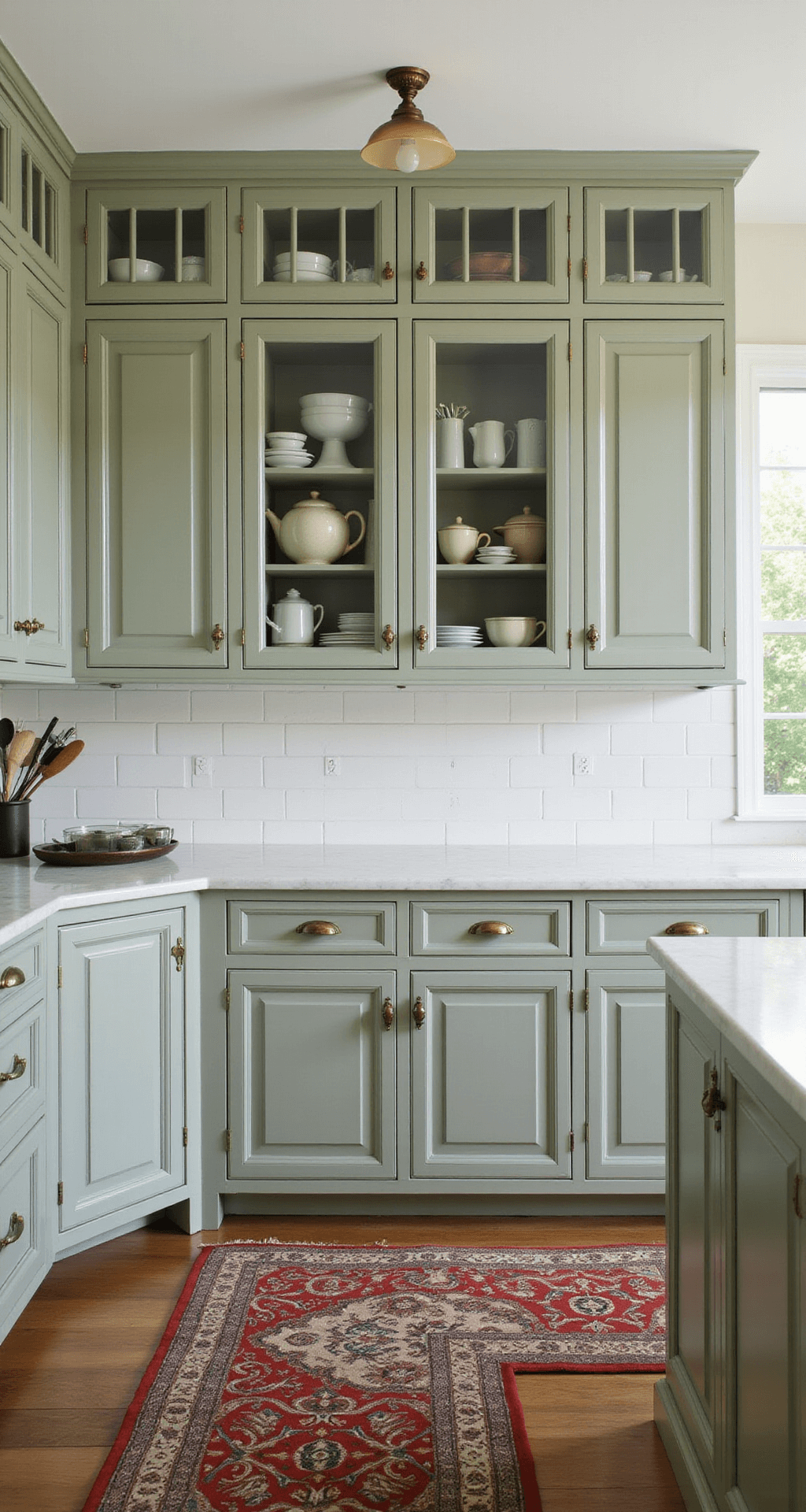 Sage Kitchen Cabinets: Your Ultimate Style Guide to Serene Sophistication Traditional kitchen with sage beaded inset cabinets, glass-front upper displays, Carrara marble counters, and classic subway tile backsplash, illuminated by mid-afternoon light and antique bronze sconces, featuring antique brass hardware and a Persian runner on hardwood floors.