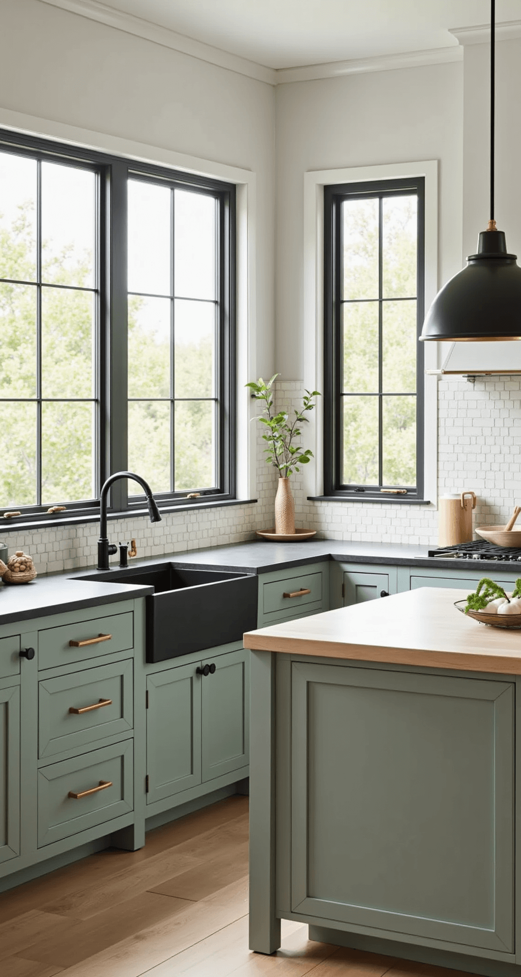 Sage Kitchen Cabinets: Your Ultimate Style Guide to Serene Sophistication Contemporary farmhouse kitchen with sage slab-style cabinets, bleached oak island, dark stone countertops, double-height windows, and mixed metal fixtures, featuring a handmade ceramic tile backsplash.