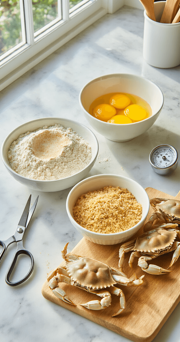 Crispy Fried Soft Shell Crab: A Seafood Lover's Delight A professional kitchen with natural light showing three white bowls of flour with Old Bay seasoning, beaten golden eggs, and golden-brown breadcrumbs on a marble countertop, alongside fresh soft shell crabs on a cutting board with kitchen shears and a thermometer.