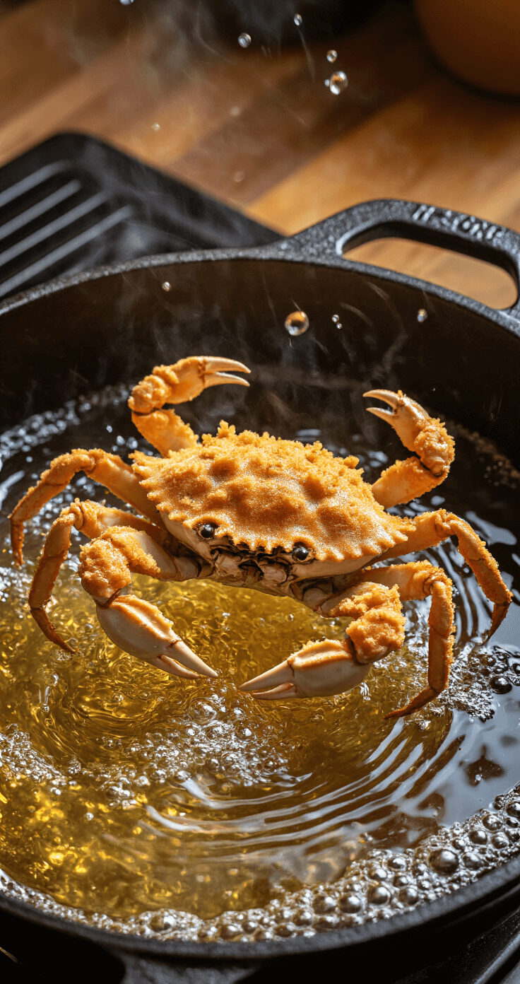 Crispy Fried Soft Shell Crab: A Seafood Lover's Delight A close-up of a soft shell crab being lowered into hot oil in a cast-iron Dutch oven, surrounded by golden bubbles and steam, with warm lighting accentuating the breading textures.