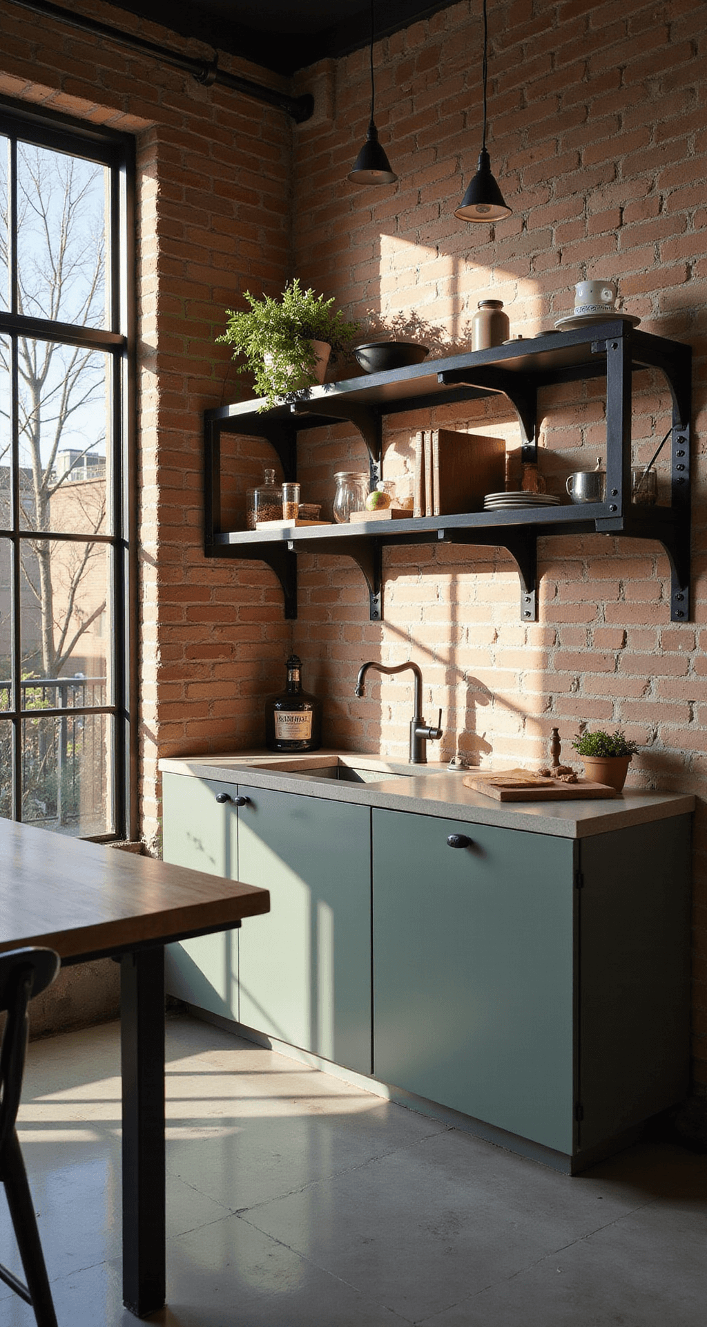 Sage Kitchen Cabinets: Your Ultimate Style Guide to Serene Sophistication Industrial-modern kitchen featuring sage-painted metal cabinets and concrete countertops, with an exposed brick wall and steel windows. Dramatic late afternoon light highlights black steel open shelving and vintage-style pendant lights, captured from a low angle to emphasize textures and materials.
