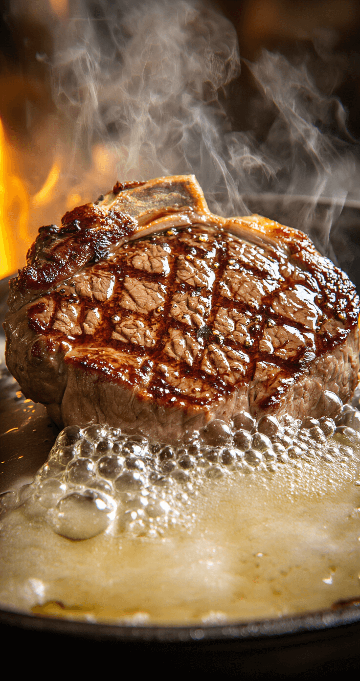 Steak Diane: The Ultimate Restaurant-Style Steak Sauce Recipe Close-up of a thick beef medallion searing in a cast iron skillet, with steam rising and oil shimmering as a golden-brown crust forms, in a warm ambient-lit professional kitchen.
