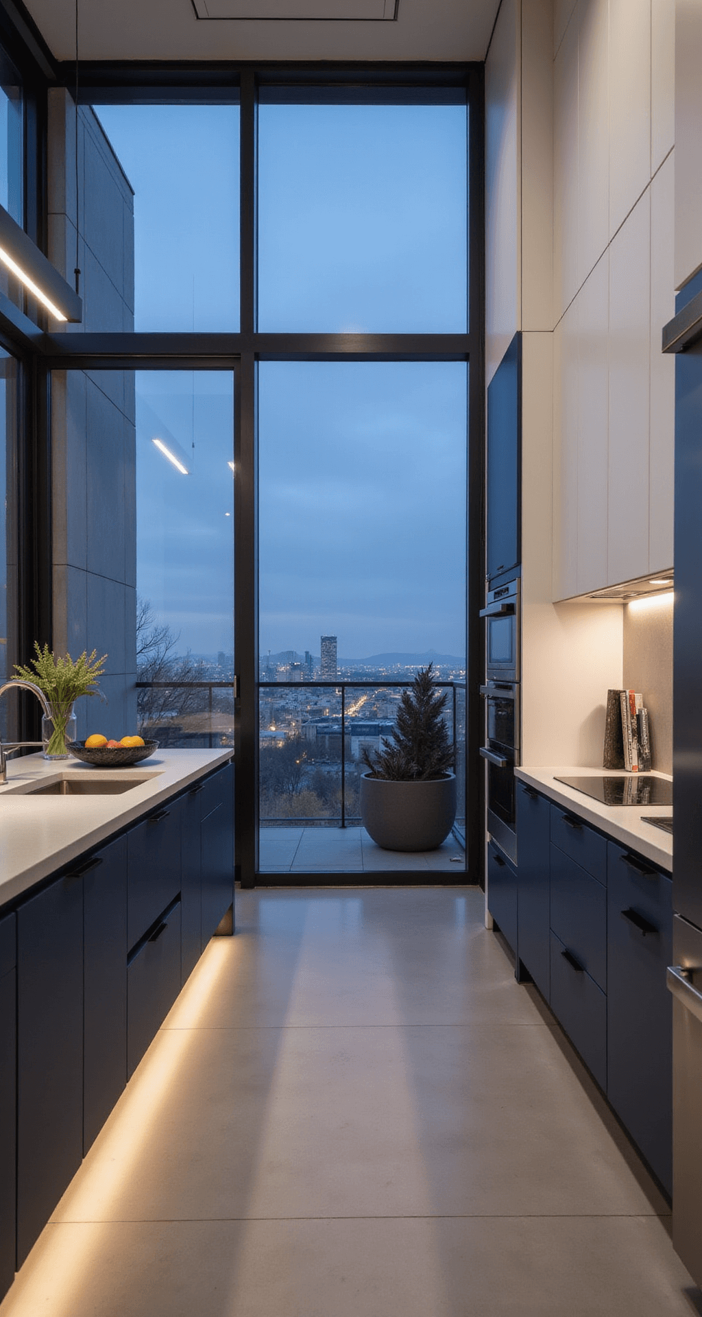 Navy Kitchen Cabinets: A Bold and Timeless Design Revolution Modern kitchen with navy lower cabinets and white upper cabinets, featuring a concrete waterfall island, industrial black metal windows, and evening lighting, styled minimally with a black marble fruit bowl and cookbook stand.