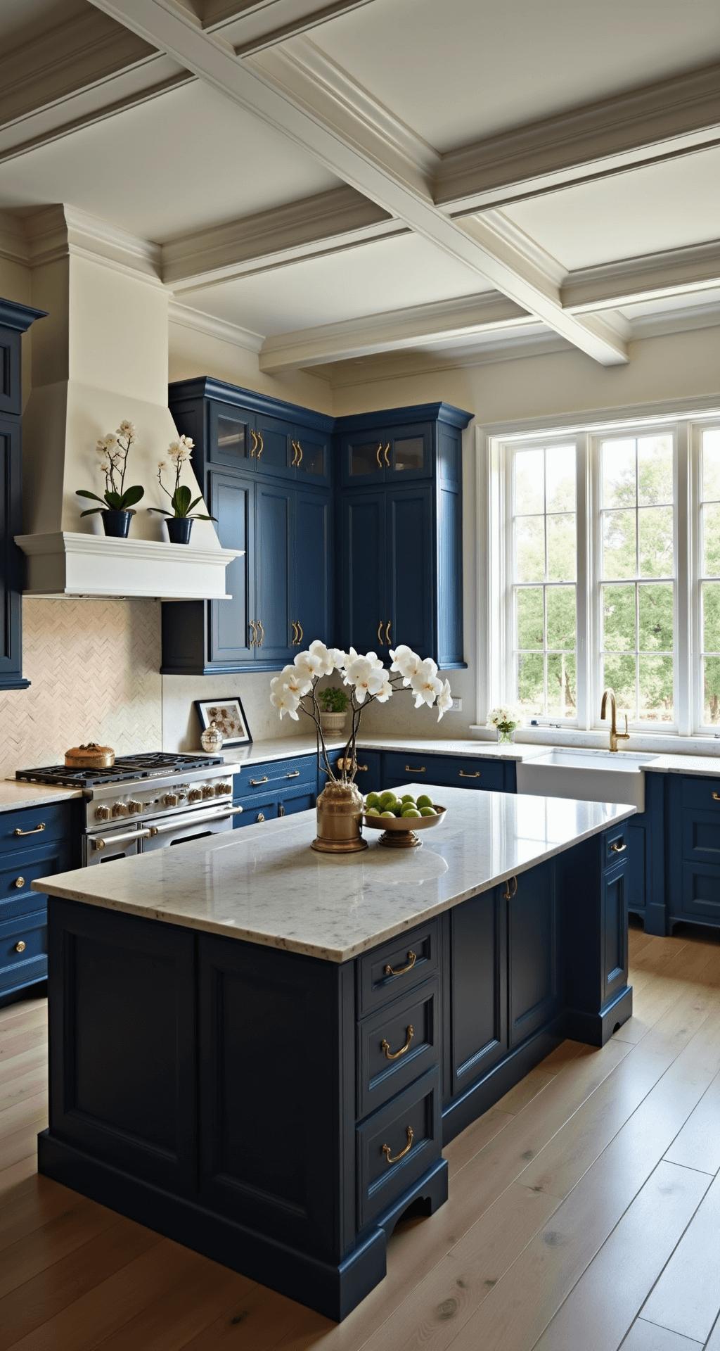 Navy Kitchen Cabinets: A Bold and Timeless Design Revolution A luxurious navy and gold chef's kitchen with coffered ceilings, featuring floor-to-ceiling windows, quartzite counters, an 8ft island, and elegant decor including white orchids and a vintage brass scale, illuminated by soft morning light and strategic accent lighting.