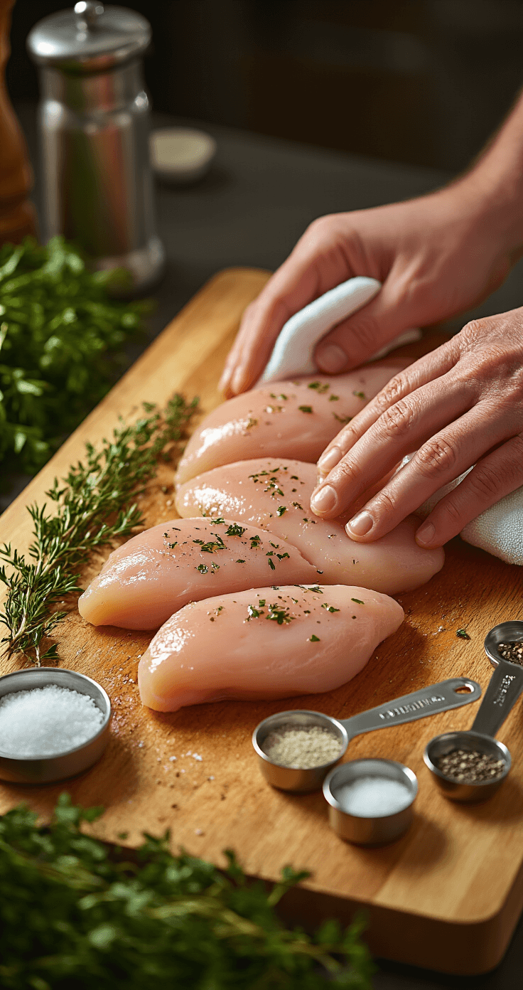 Chicken Diane: The Ultimate Restaurant-Style Skillet Chicken Close-up shot of raw chicken breasts being seasoned on a wooden cutting board, with fresh herbs, measuring spoons, and a silver meat mallet, while a chef's hands pat the chicken dry.