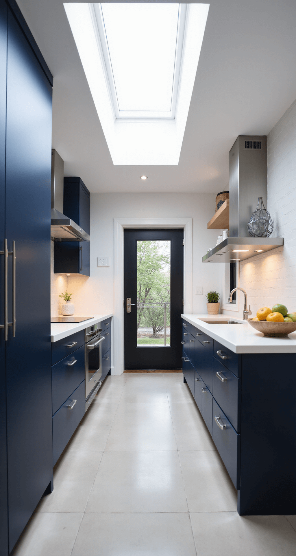 Navy Kitchen Cabinets: A Bold and Timeless Design Revolution Sleek modern navy galley kitchen with high-gloss cabinets, white quartz counters, and stainless steel appliances, illuminated by a skylight, featuring geometric decor and symmetrical lines.