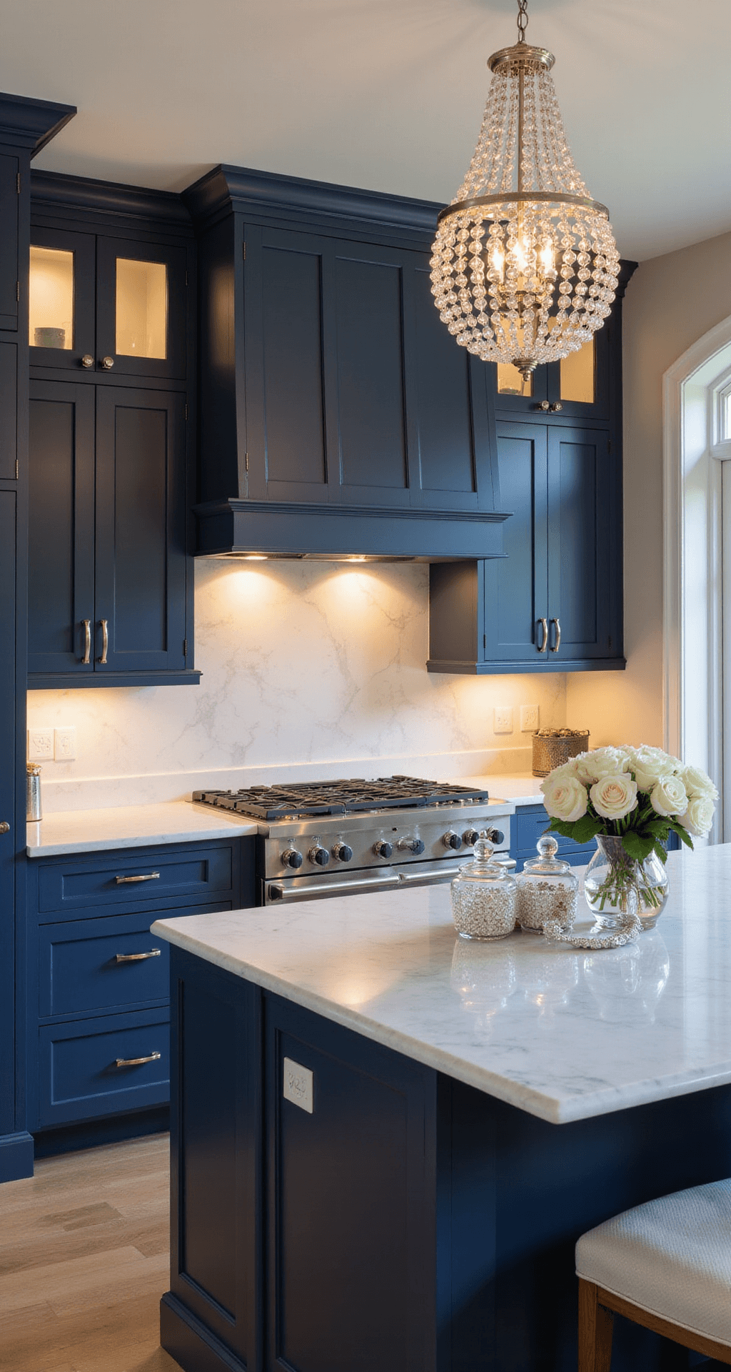 Navy Kitchen Cabinets: A Bold and Timeless Design Revolution A grand navy and marble kitchen featuring arched doorways, polished nickel hardware, and a dramatic white marble backsplash, illuminated by warm evening light and a crystal chandelier over a large island, styled with silver tea service and white roses.