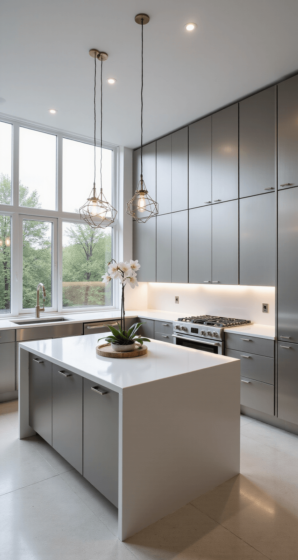 Aluminum Kitchen Cabinets: The Sleek, Durable Revolution in Modern Home Design A modern minimalist kitchen featuring floor-to-ceiling matte silver aluminum cabinets, a central island with a white quartz waterfall countertop, and stainless steel appliances, illuminated by morning light through large windows, with cool white LED under-cabinet lighting and a single architectural orchid on the countertop.